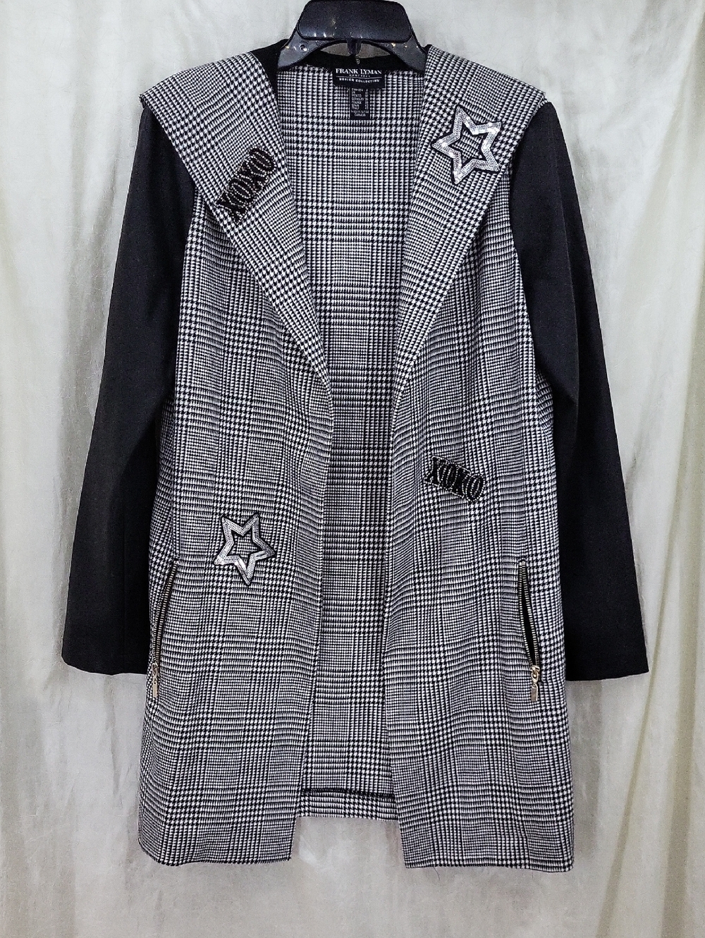 Frank Lyman Design Houndstooth Longline Blazer with Star Patches Sz 8